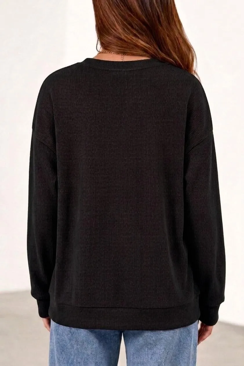 Rib Knit Crew Neck Pullover — Black — view 4