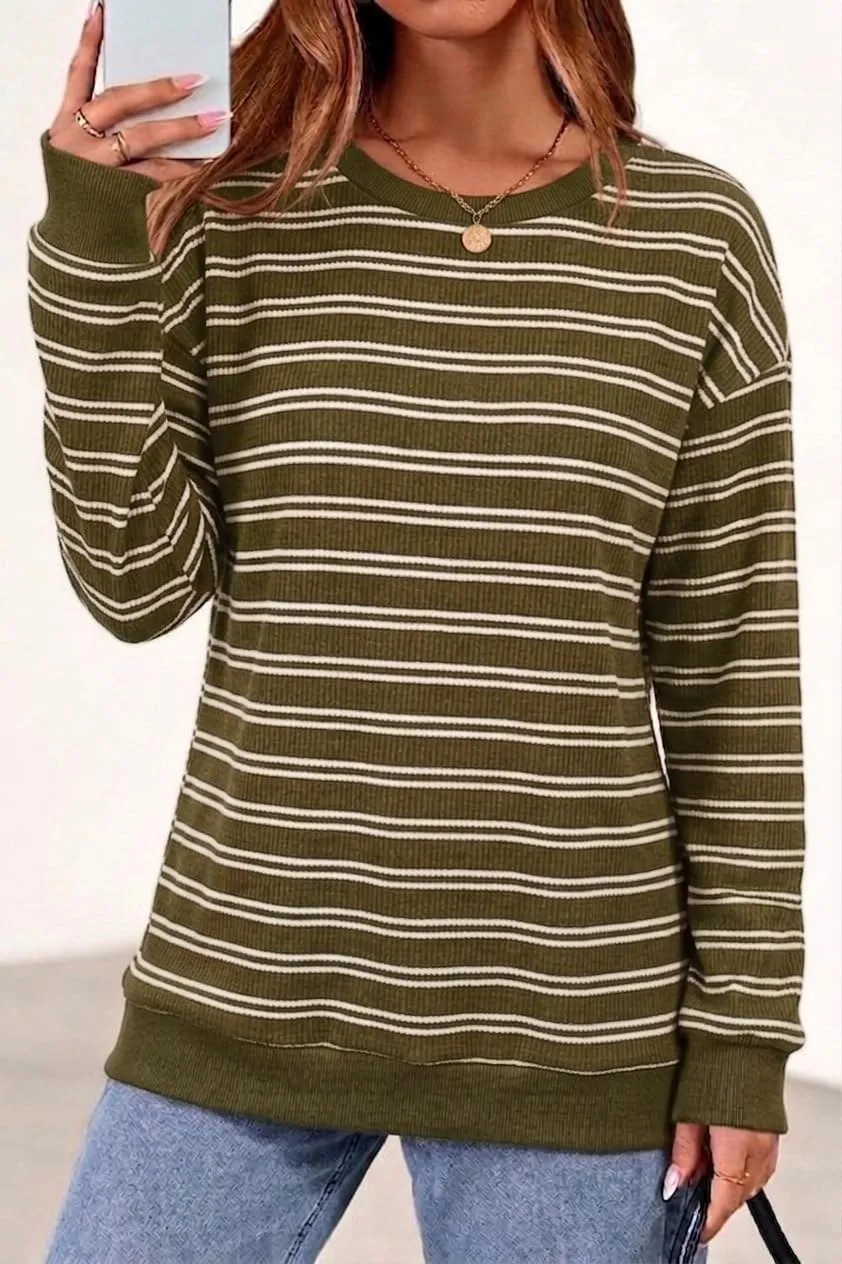 Striped Rib Knit Crew Neck Pullover — Army Green / White — view 2