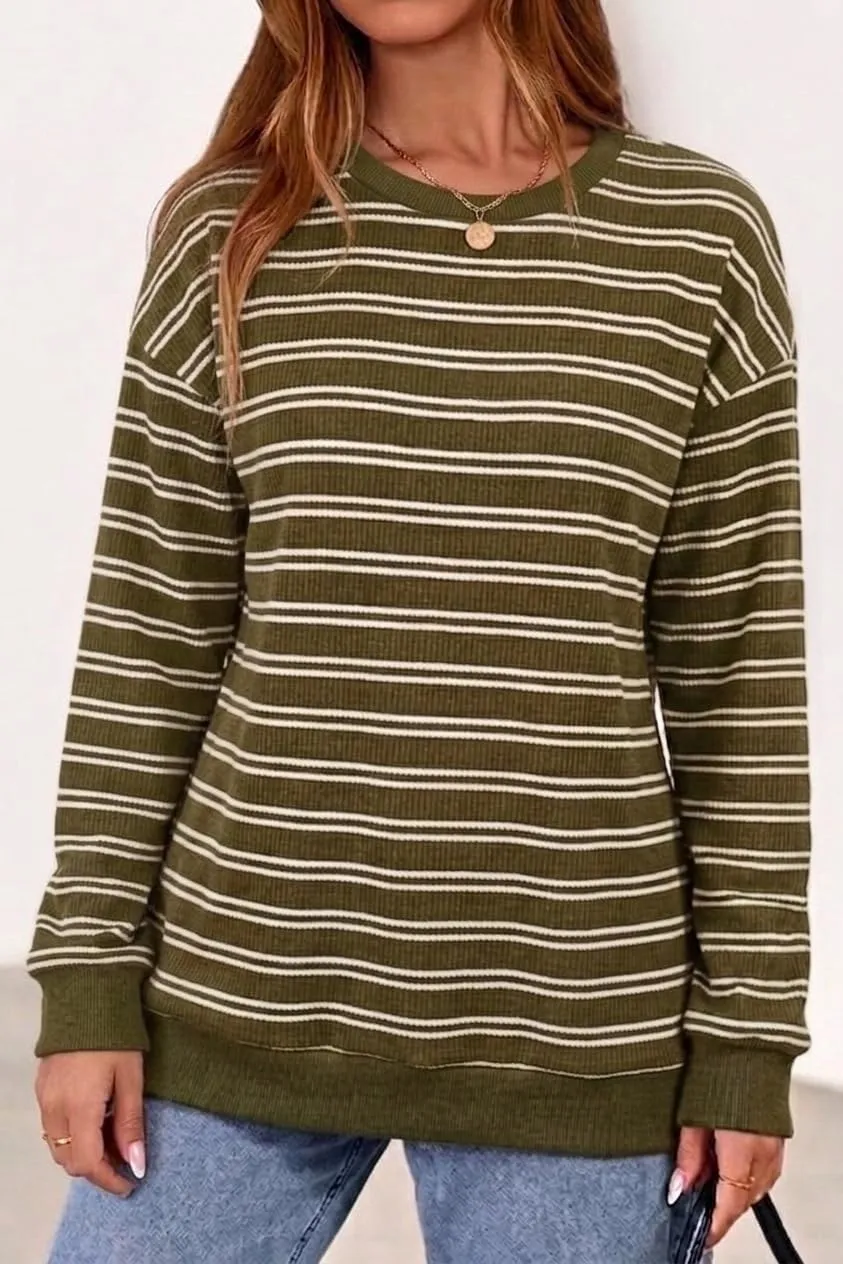 Striped Rib Knit Crew Neck Pullover — Army Green / White — view 3