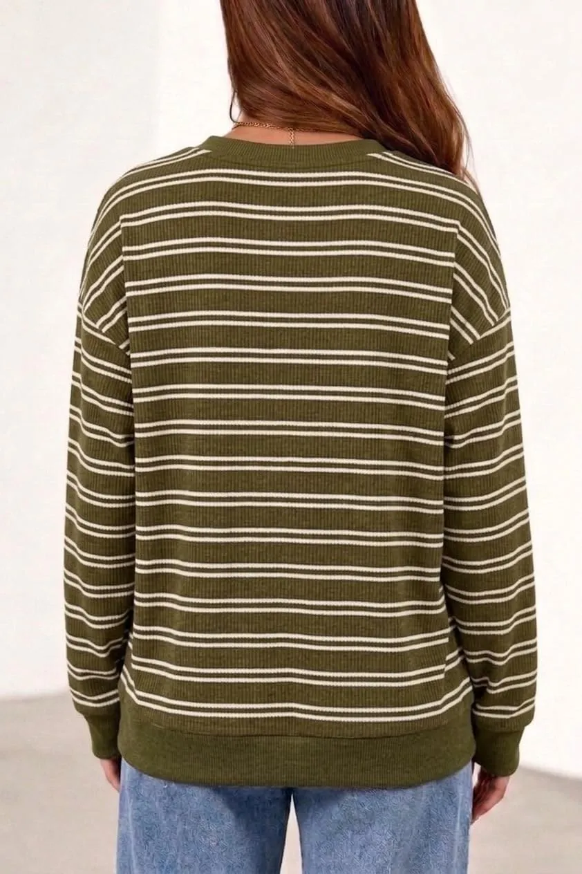 Striped Rib Knit Crew Neck Pullover — Army Green / White — view 4