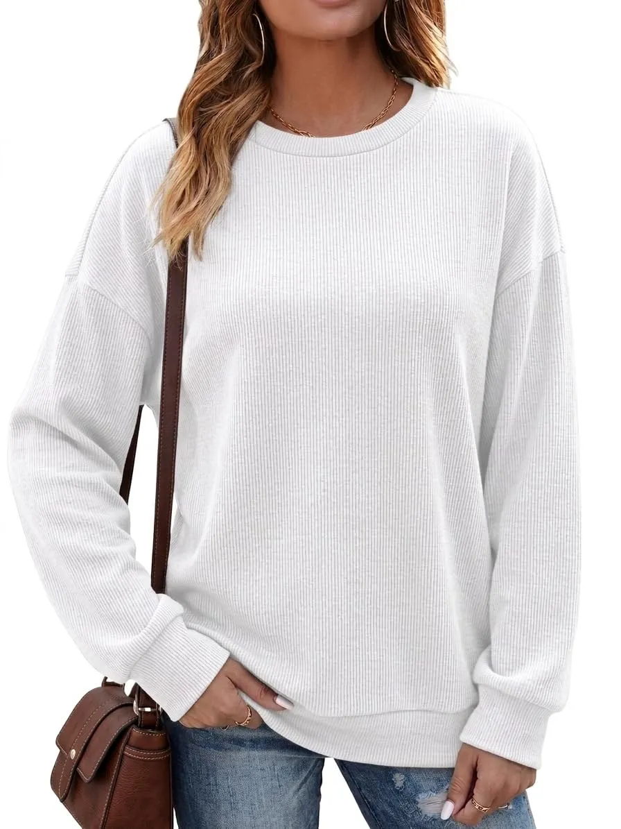Rib Knit Crew Neck Pullover — White