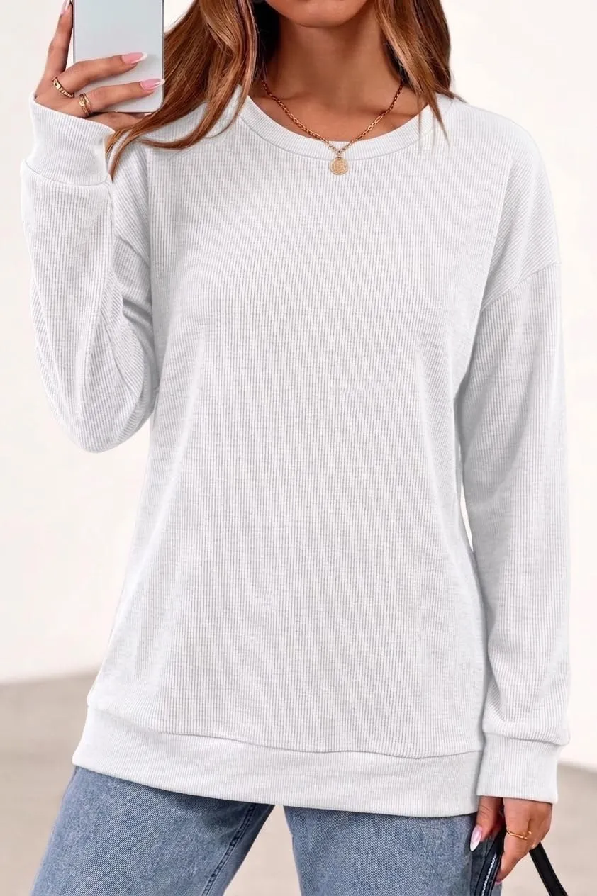 Rib Knit Crew Neck Pullover — White — view 2