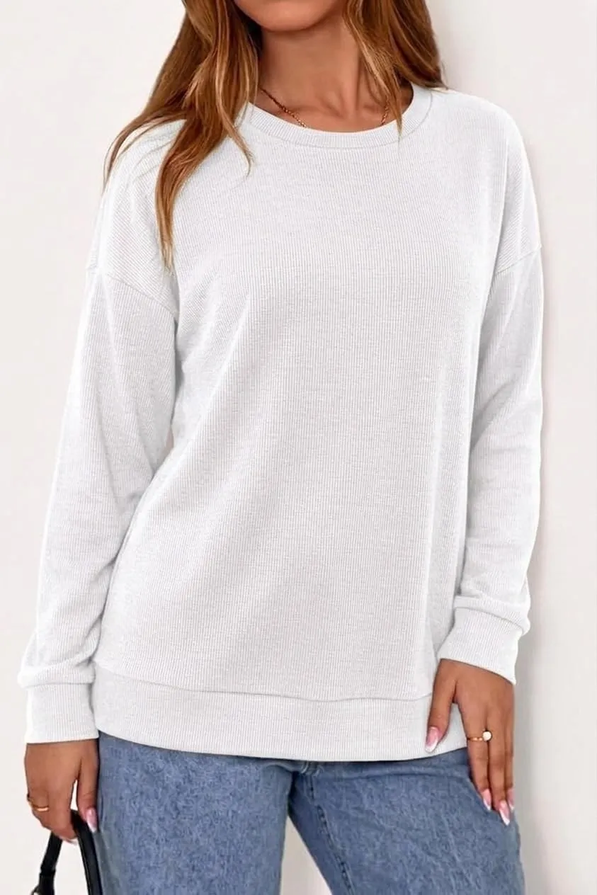 Rib Knit Crew Neck Pullover — White — view 3