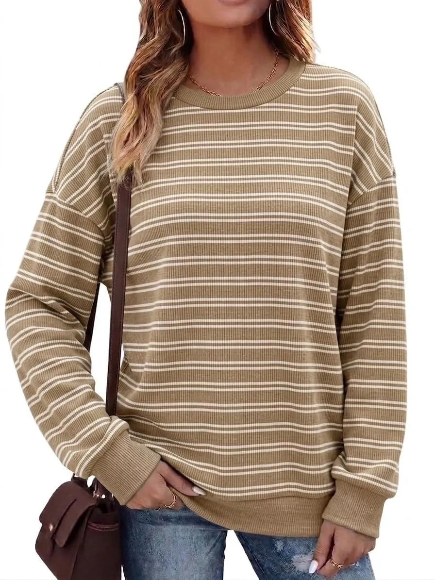 Striped Rib Knit Crew Neck Pullover