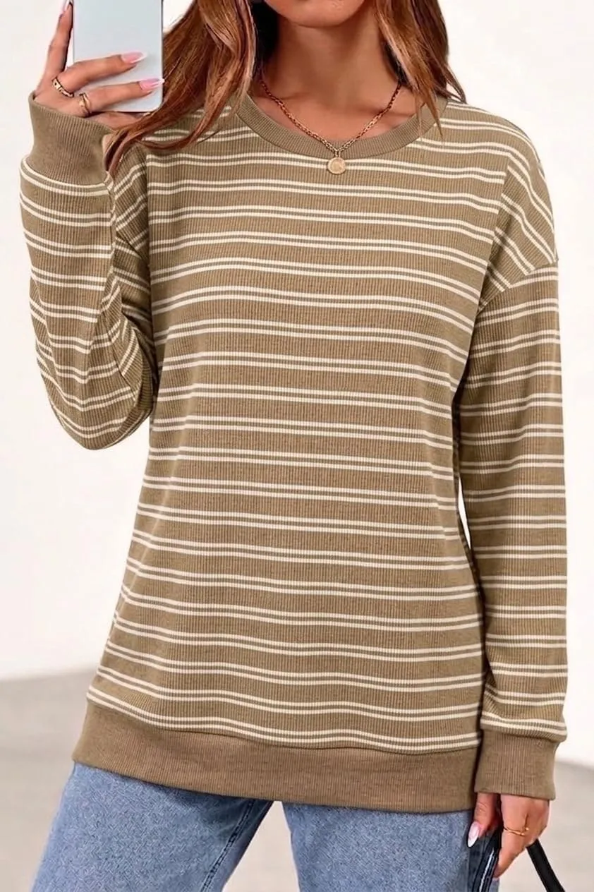 Striped Rib Knit Crew Neck Pullover — view 2
