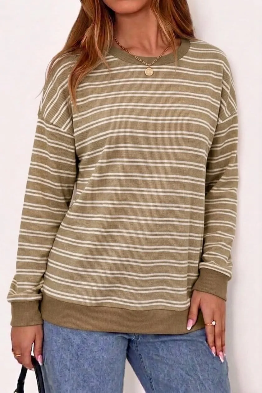 Striped Rib Knit Crew Neck Pullover — view 3