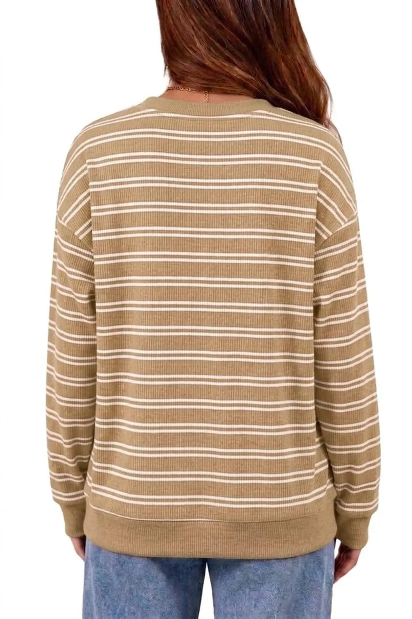 Striped Rib Knit Crew Neck Pullover — view 4