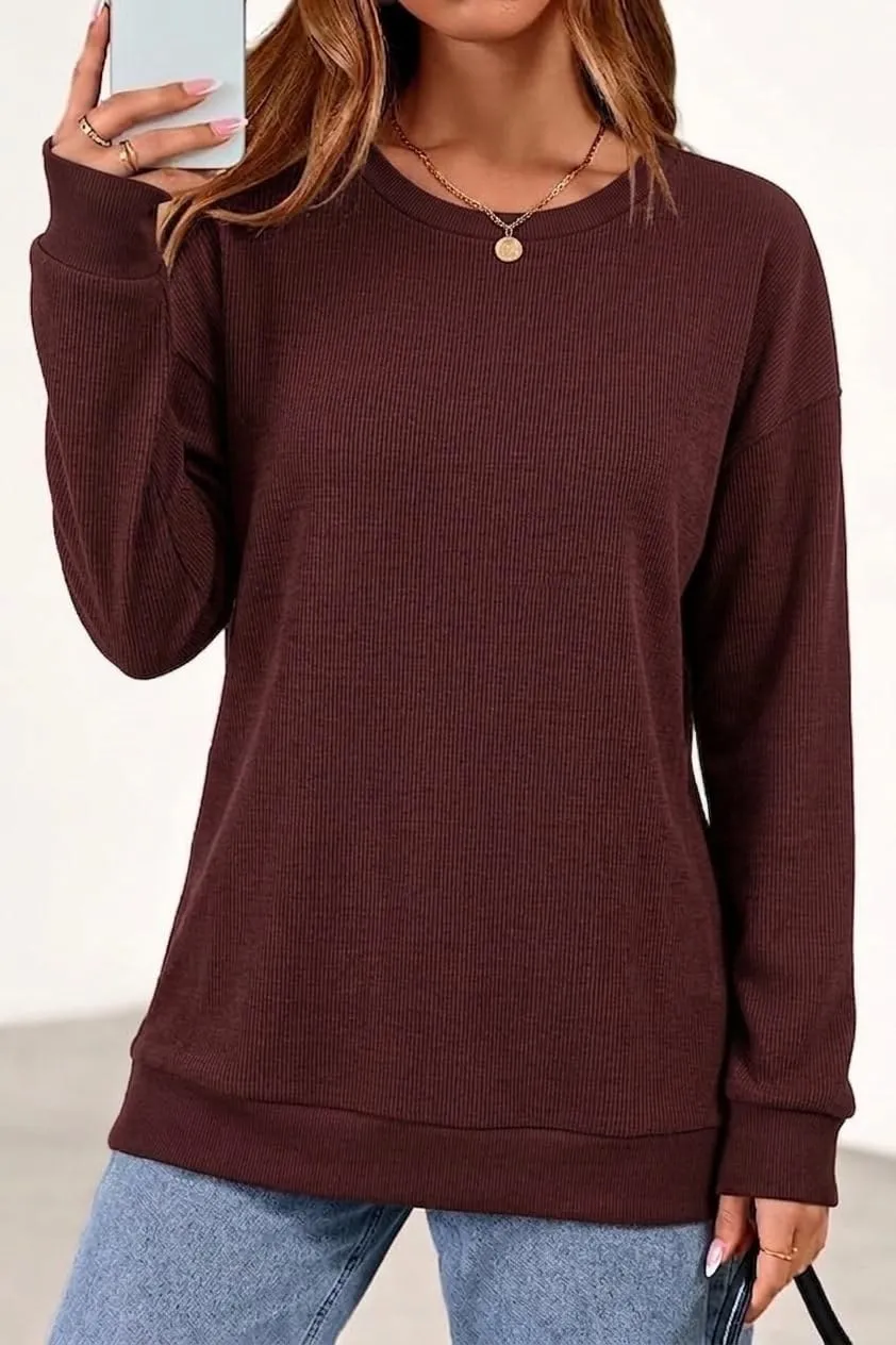 Rib Knit Crew Neck Pullover — Red Brown — view 2
