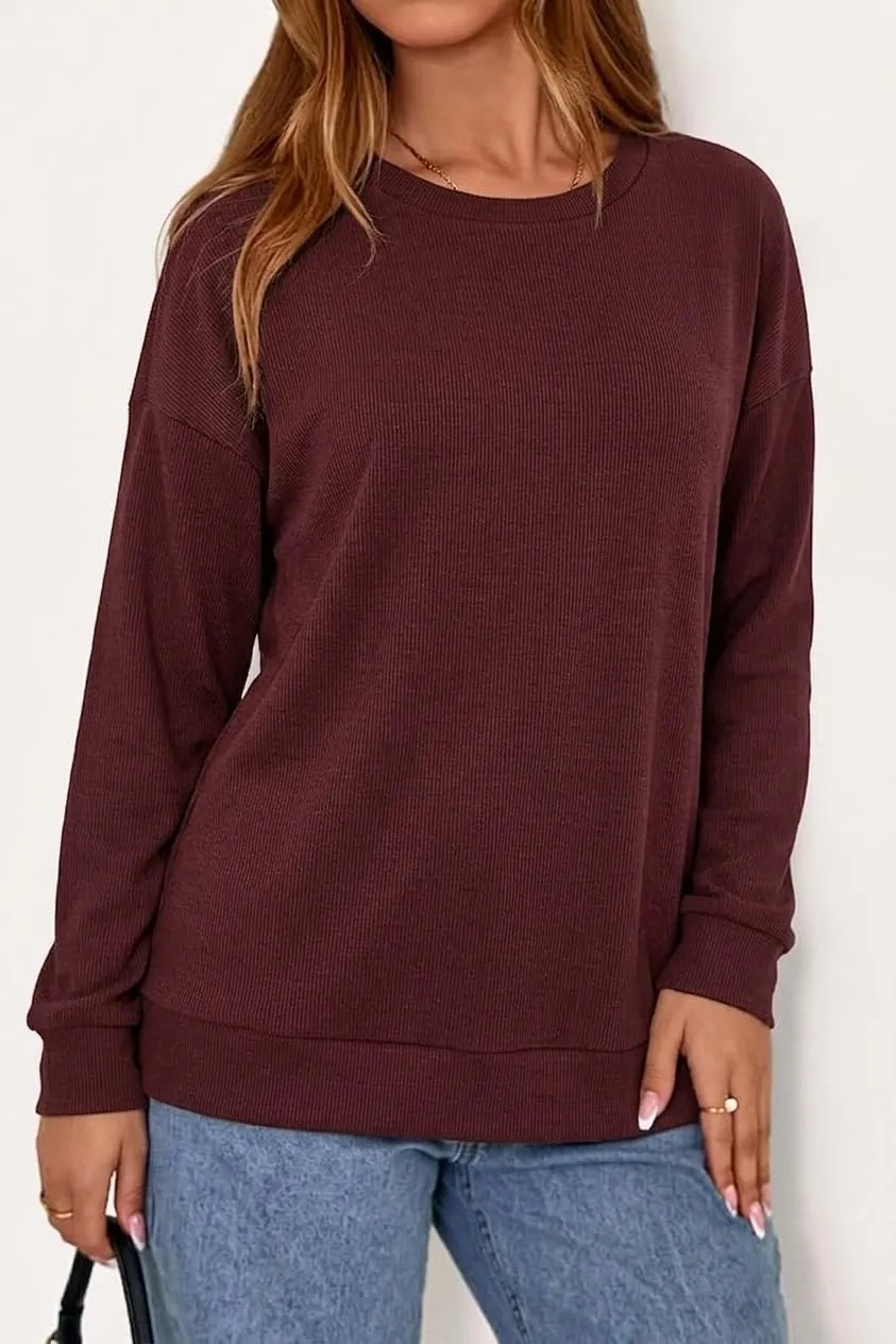 Rib Knit Crew Neck Pullover — Red Brown — view 3