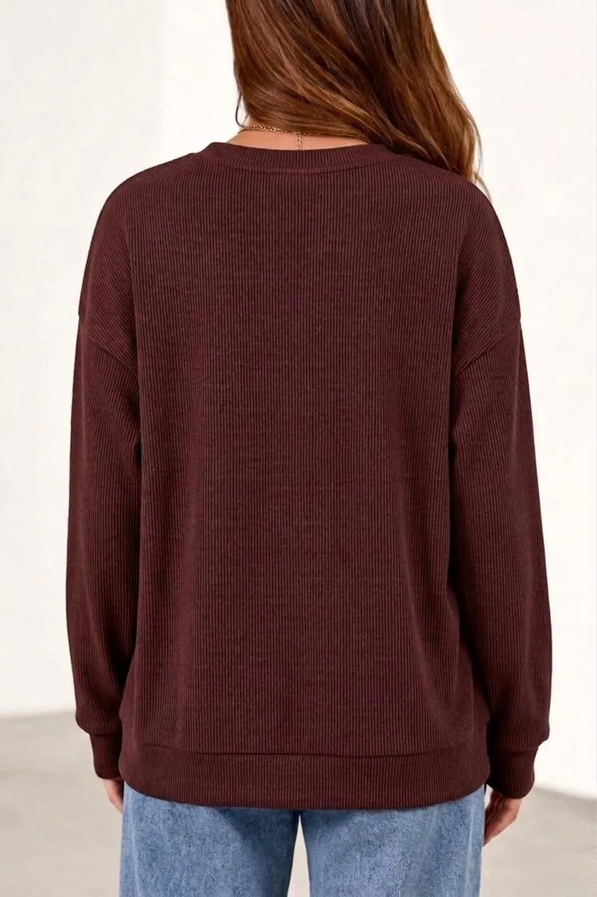 Rib Knit Crew Neck Pullover — Red Brown — view 4