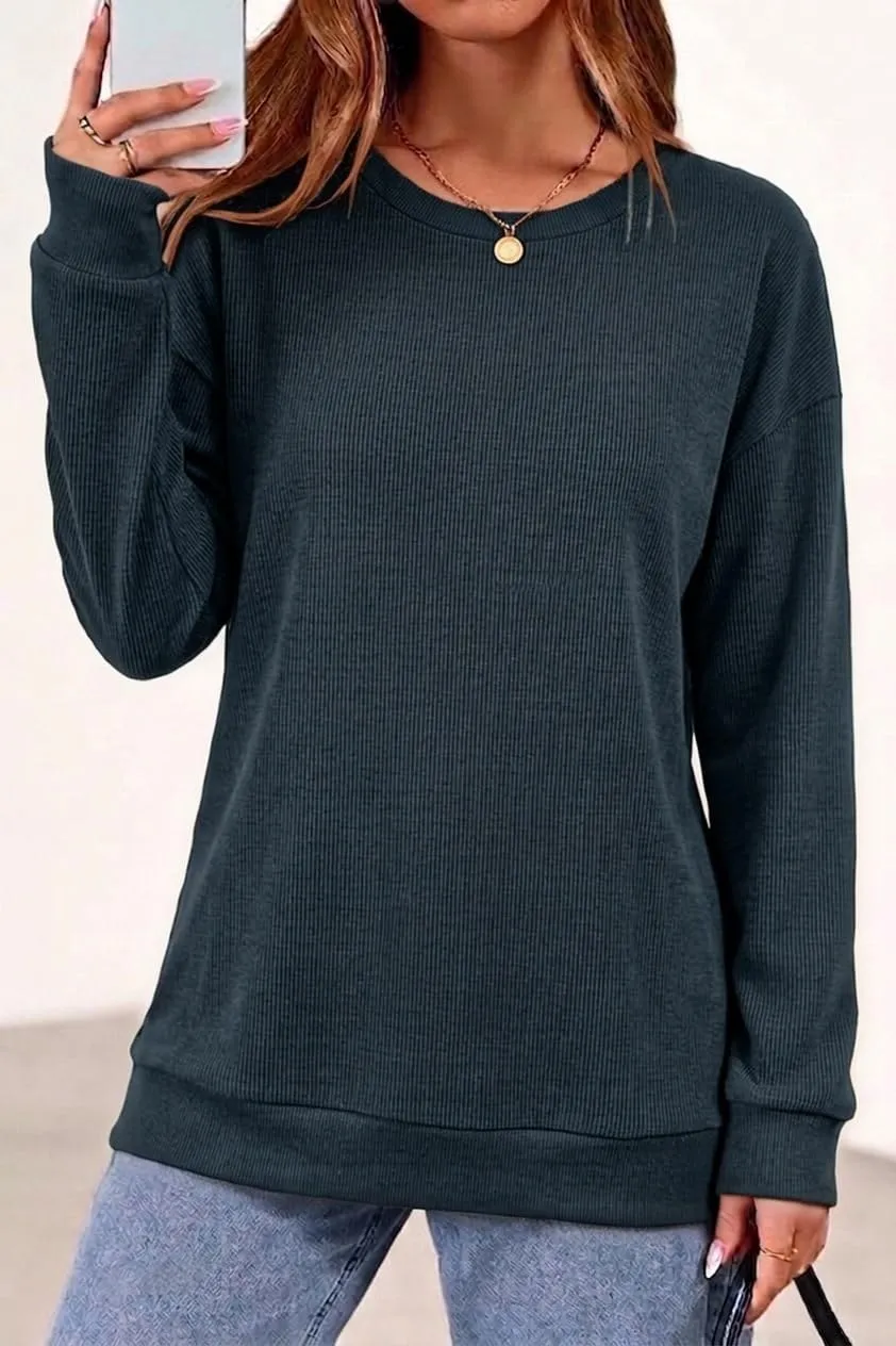 Rib Knit Crew Neck Pullover — Dark Green — view 2