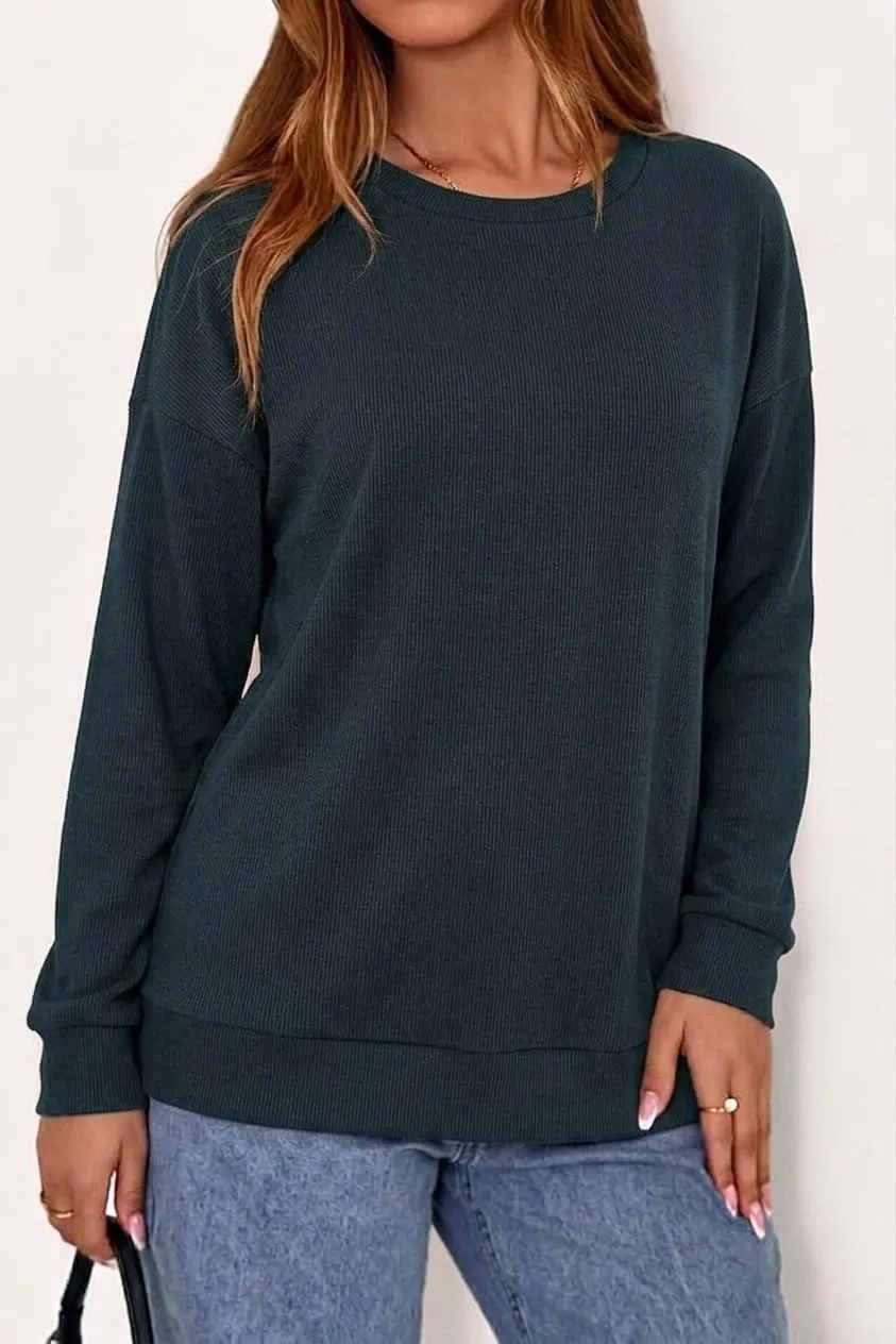 Rib Knit Crew Neck Pullover — Dark Green — view 3