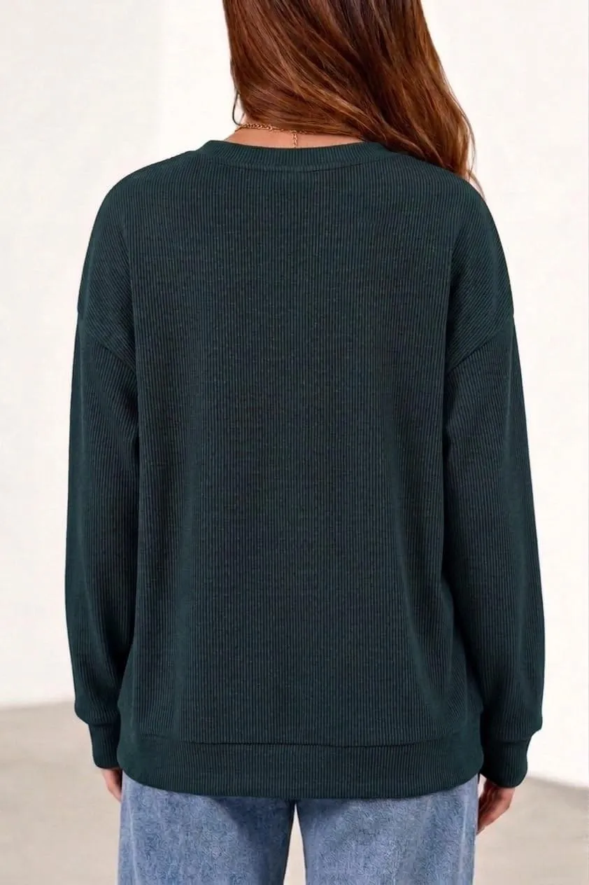 Rib Knit Crew Neck Pullover — Dark Green — view 4