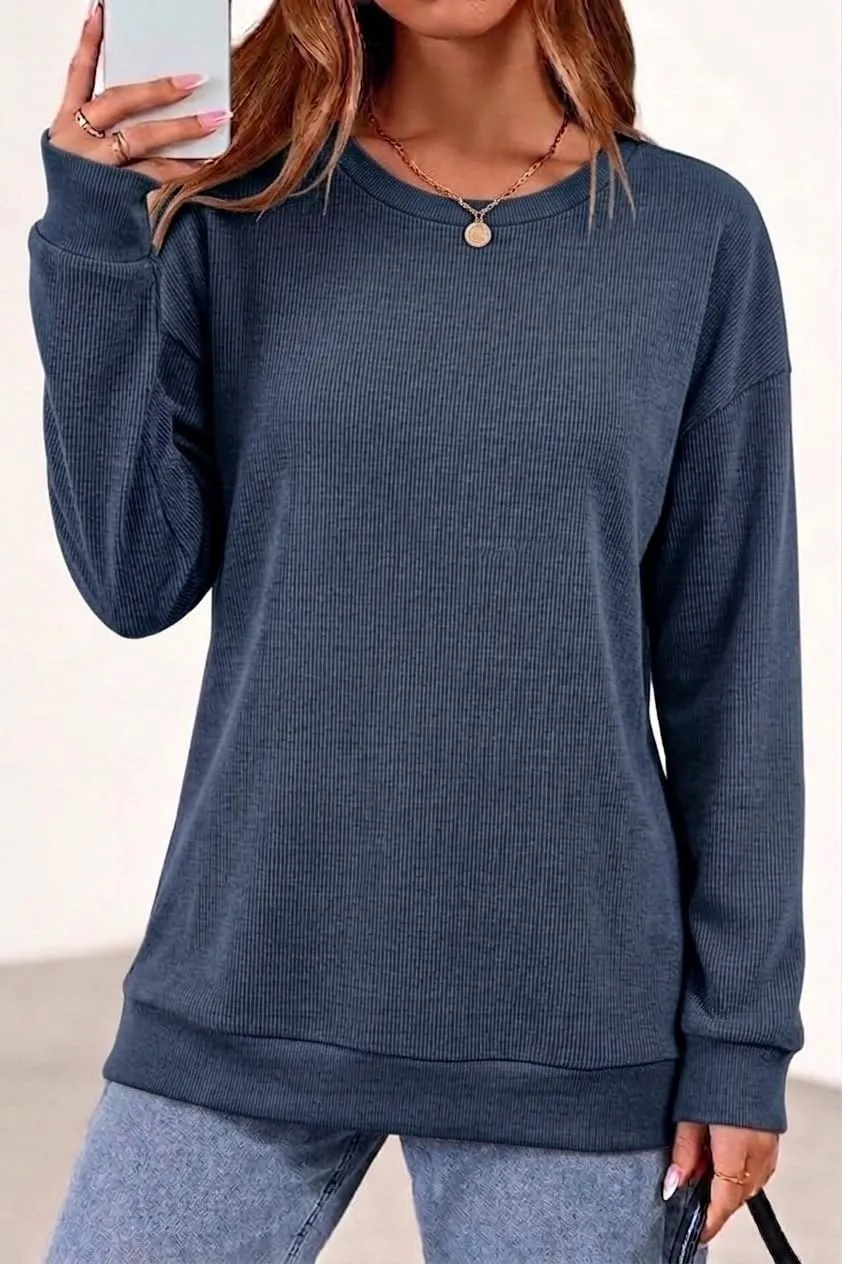 Rib Knit Crew Neck Pullover — Royal Blue — view 2