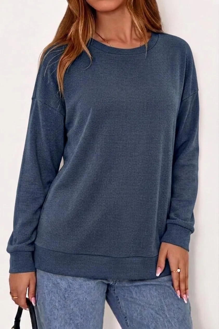 Rib Knit Crew Neck Pullover — Royal Blue — view 3