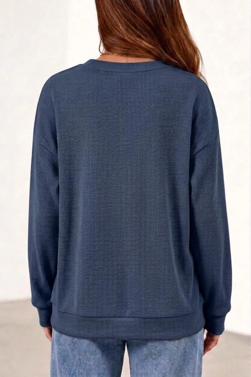 Rib Knit Crew Neck Pullover — Royal Blue — view 4