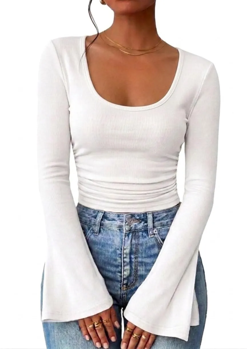 Scoop Neck Ribbed Bell Sleeve Top