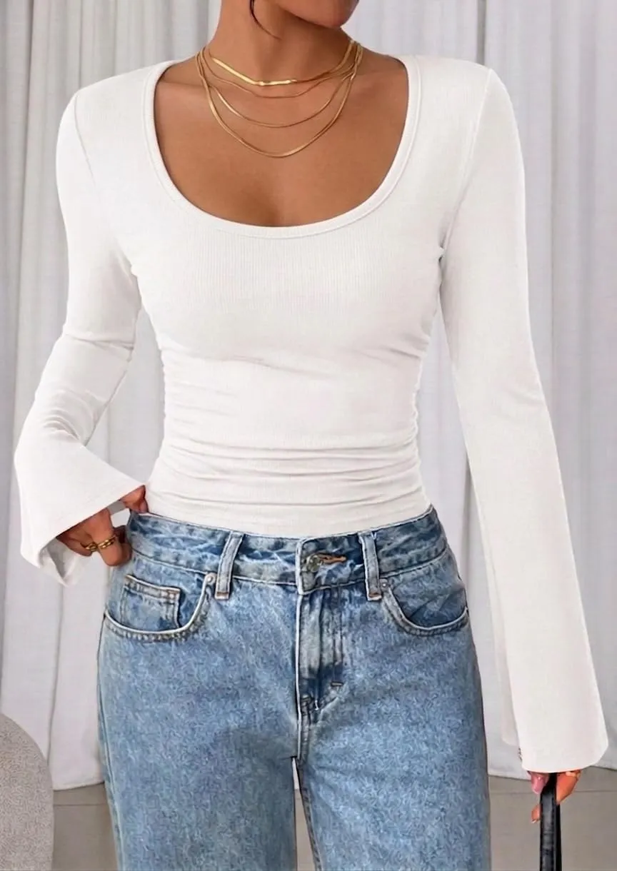 Scoop Neck Ribbed Bell Sleeve Top — view 3