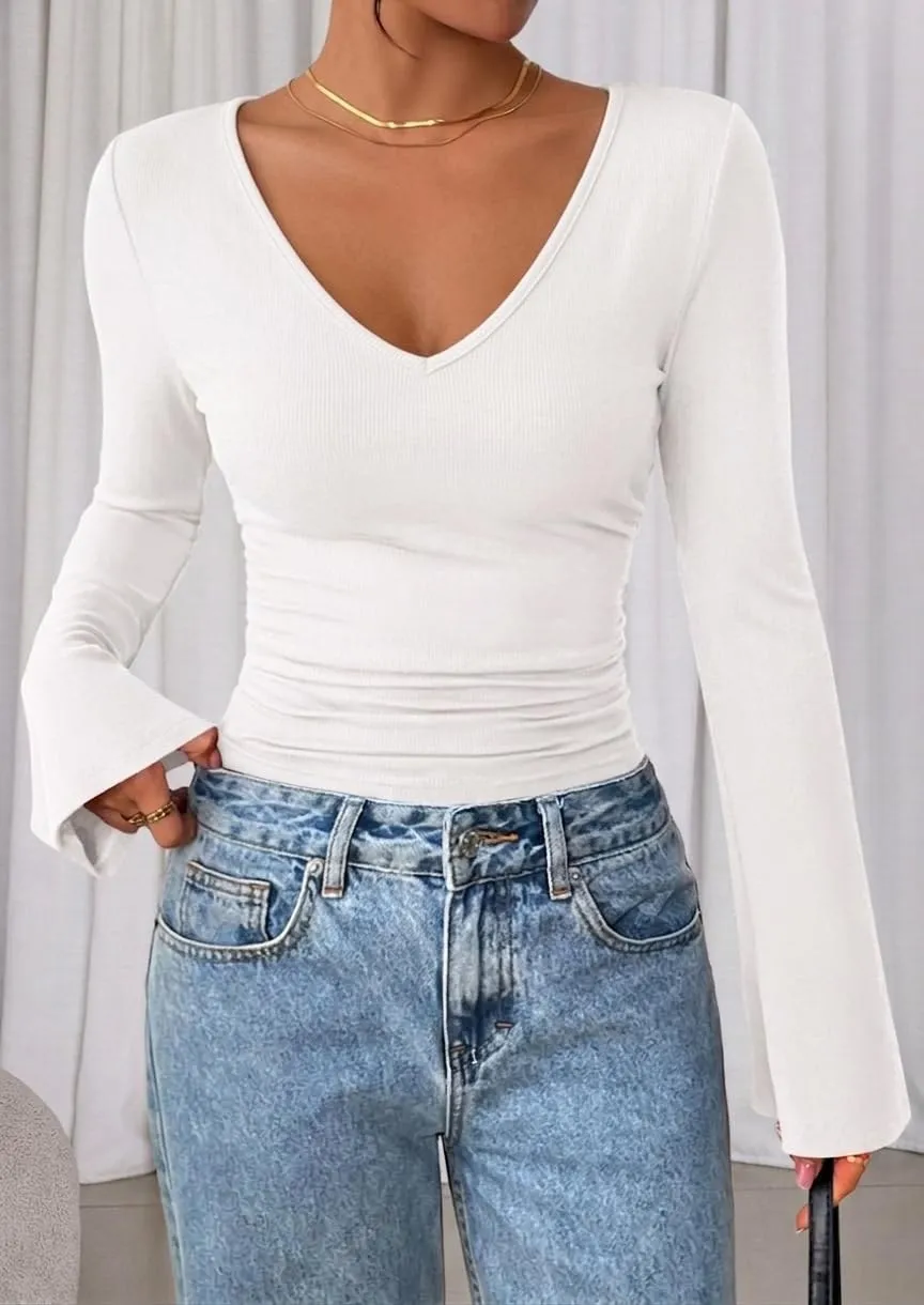 V-Neck Ribbed Bell Sleeve Top — White — view 3