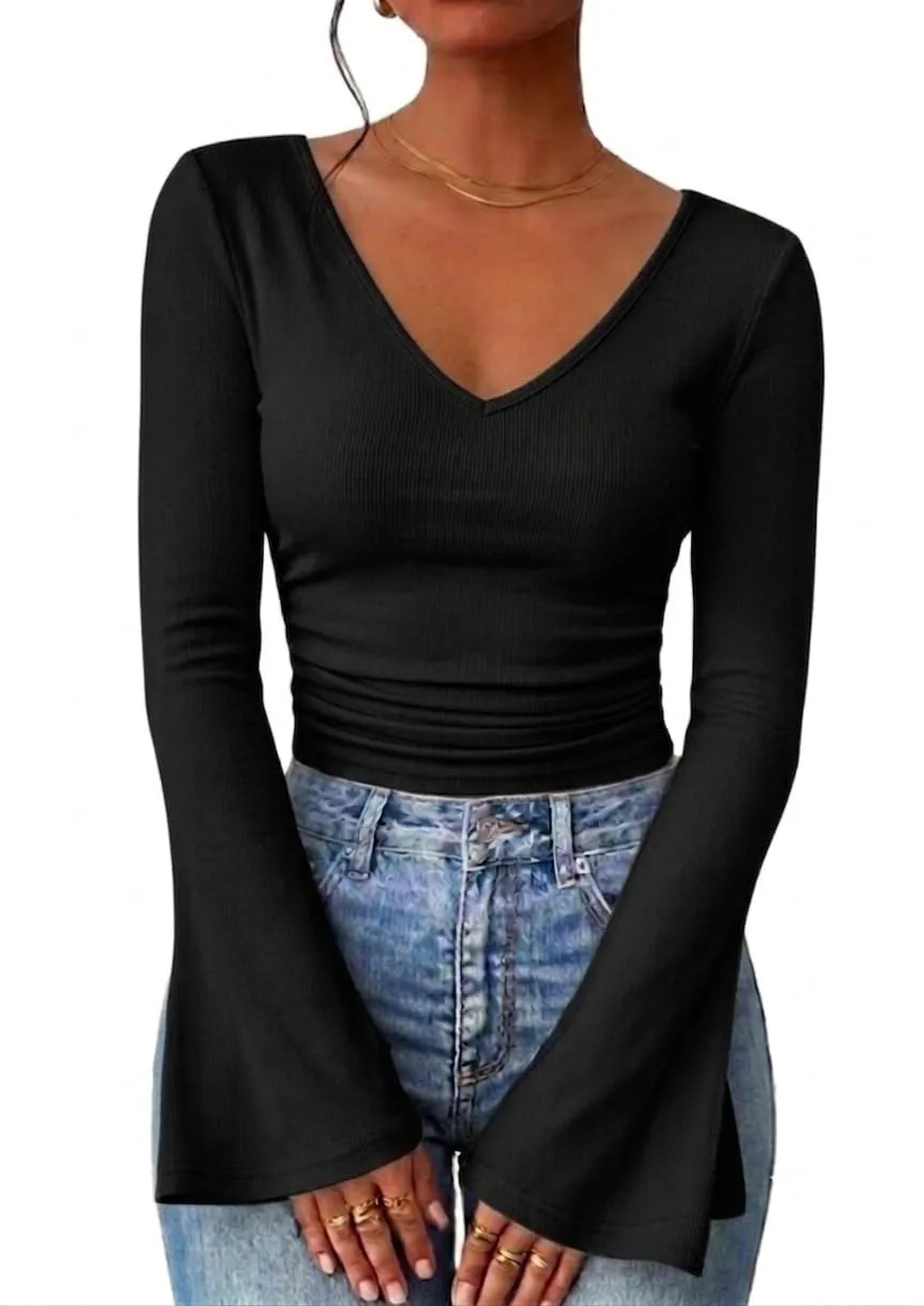 V-Neck Ribbed Bell Sleeve Top