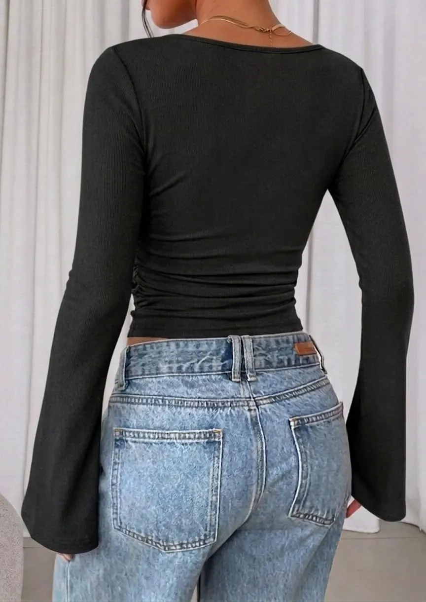 Scoop Neck Ribbed Bell Sleeve Top — Black — view 4