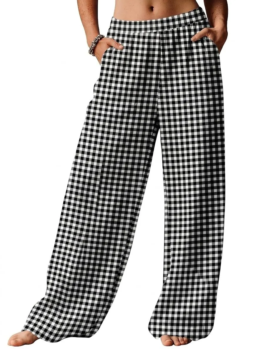 High Waist Wide Leg Palazzo Trousers — Check Print — view 2