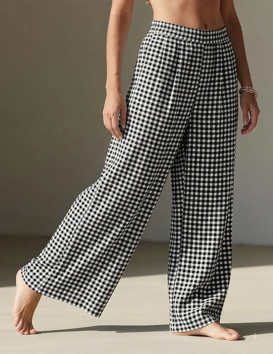 High Waist Wide Leg Palazzo Trousers — Check Print — view 3