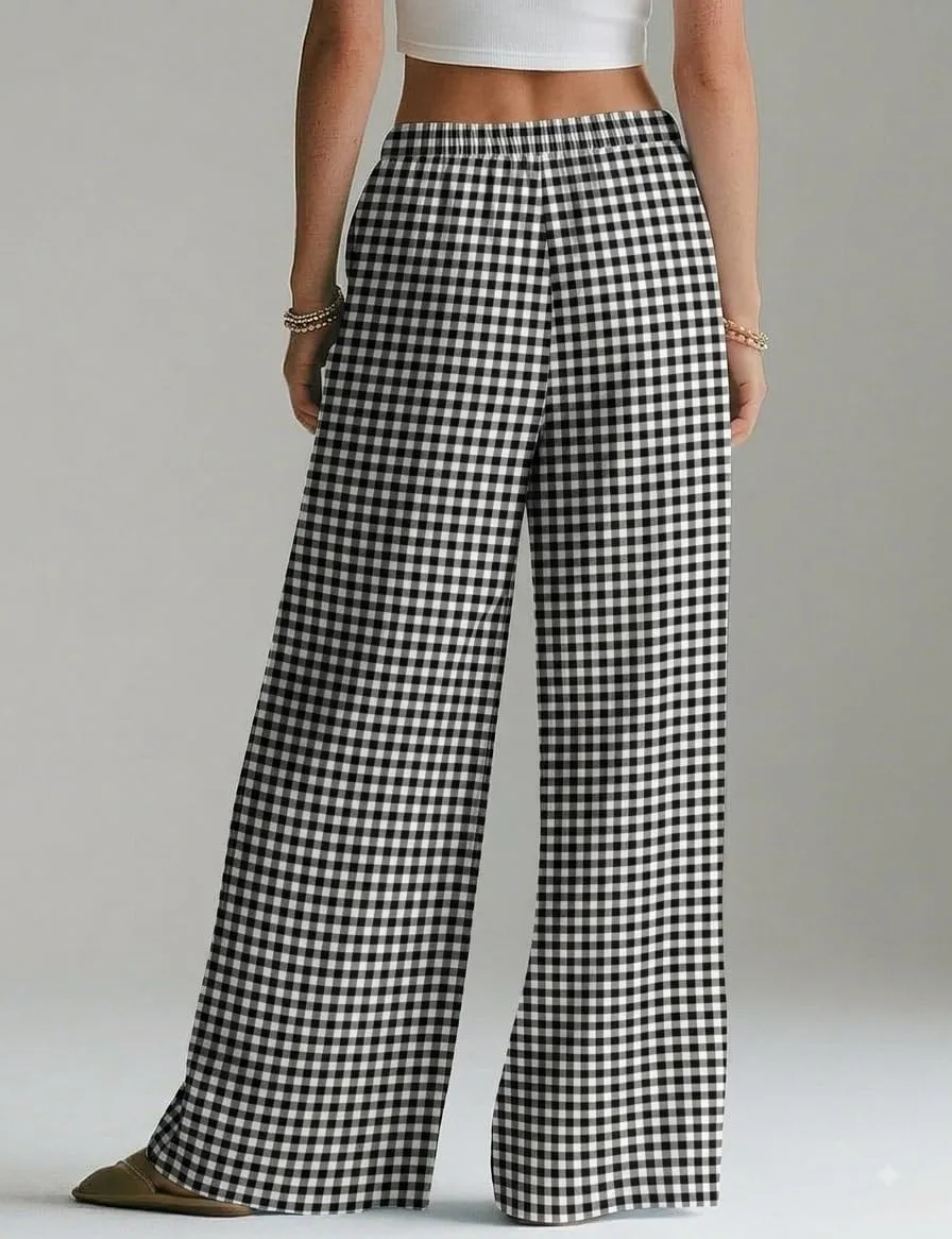 High Waist Wide Leg Palazzo Trousers — Check Print — view 4