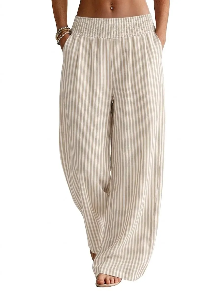 High Waist Wide Leg Palazzo Trousers — Stripe Print