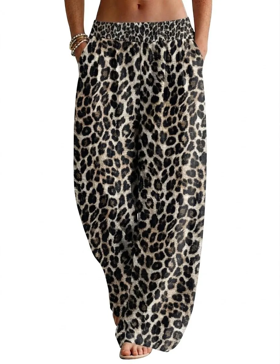 High Waist Wide Leg Palazzo Trousers — Leopard Print