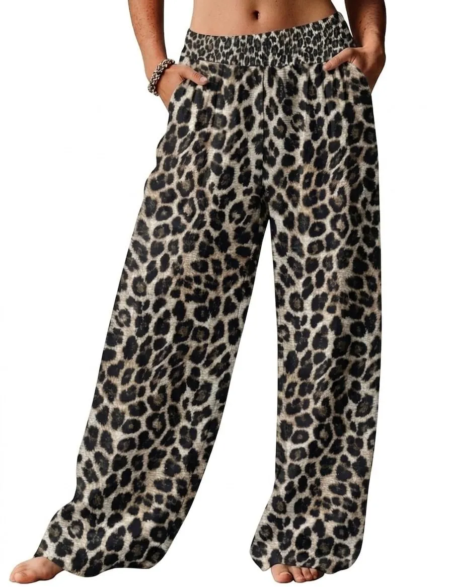 High Waist Wide Leg Palazzo Trousers — Leopard Print — view 2
