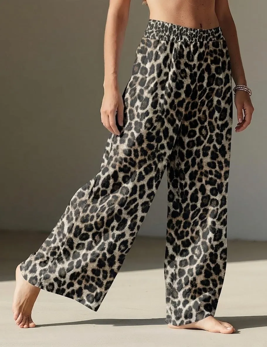 High Waist Wide Leg Palazzo Trousers — Leopard Print — view 3