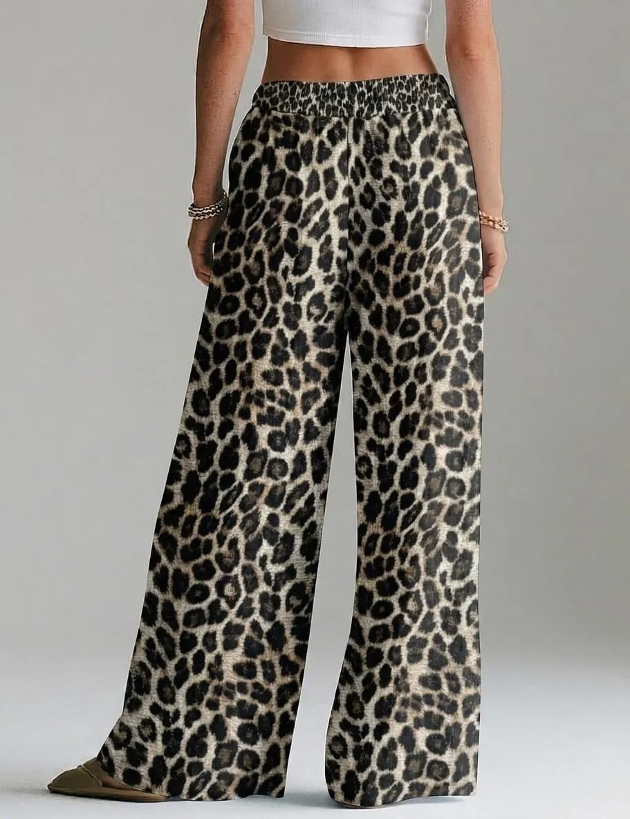 High Waist Wide Leg Palazzo Trousers — Leopard Print — view 4