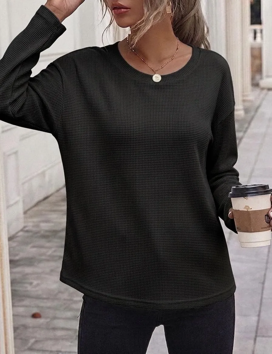 Waffle Knit Long Sleeve Tee — Black — view 2