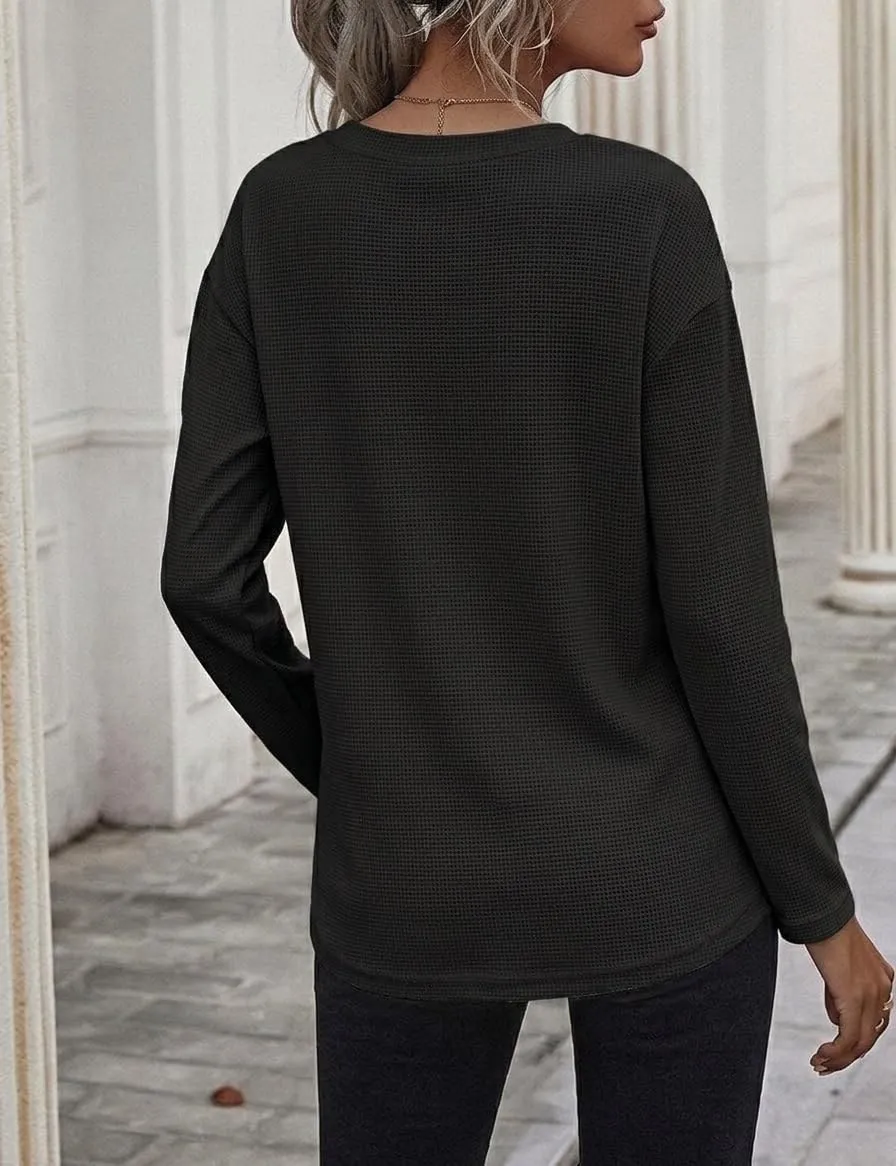 Waffle Knit Long Sleeve Tee — Black — view 3