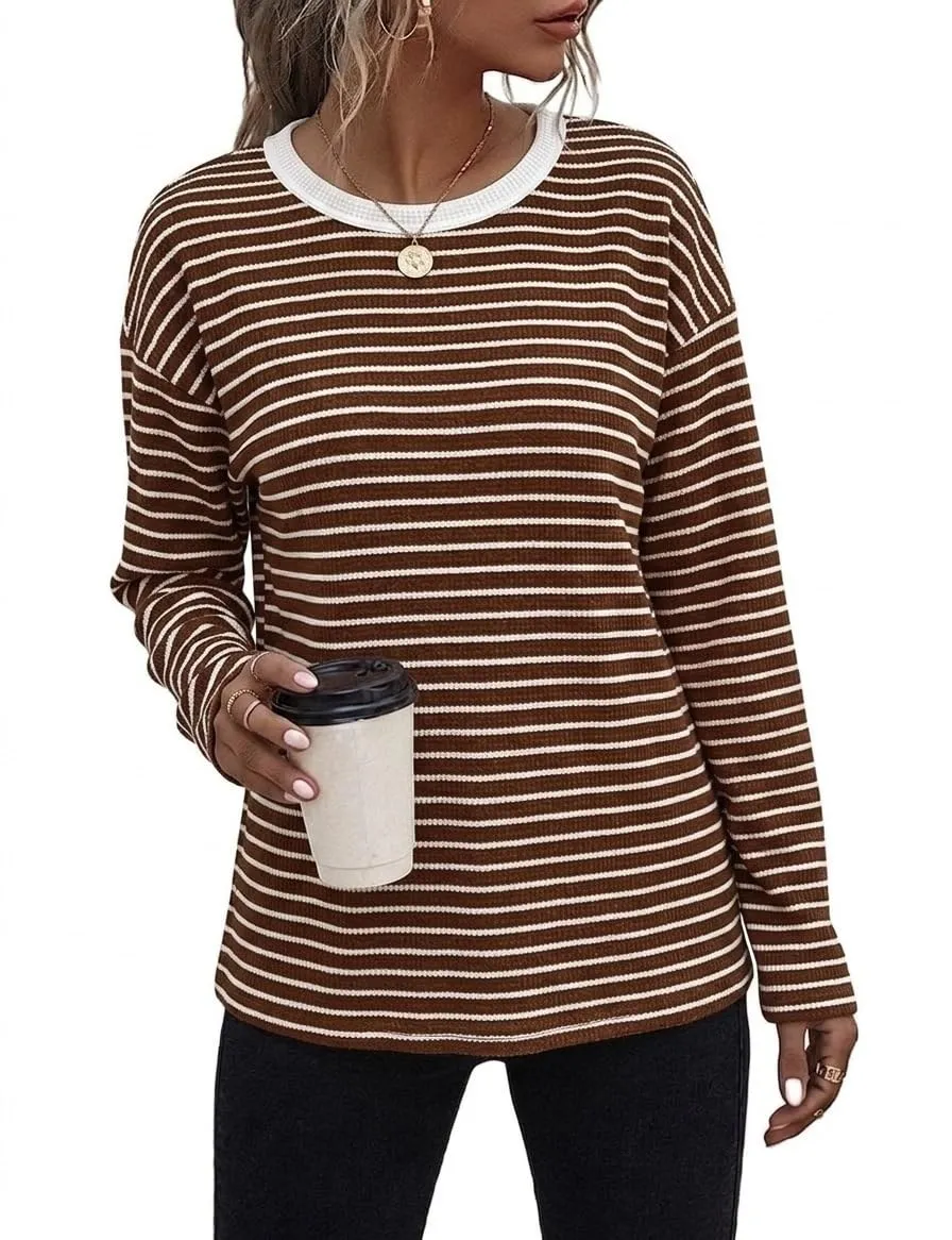 Waffle Knit Long Sleeve Tee — Brown / White