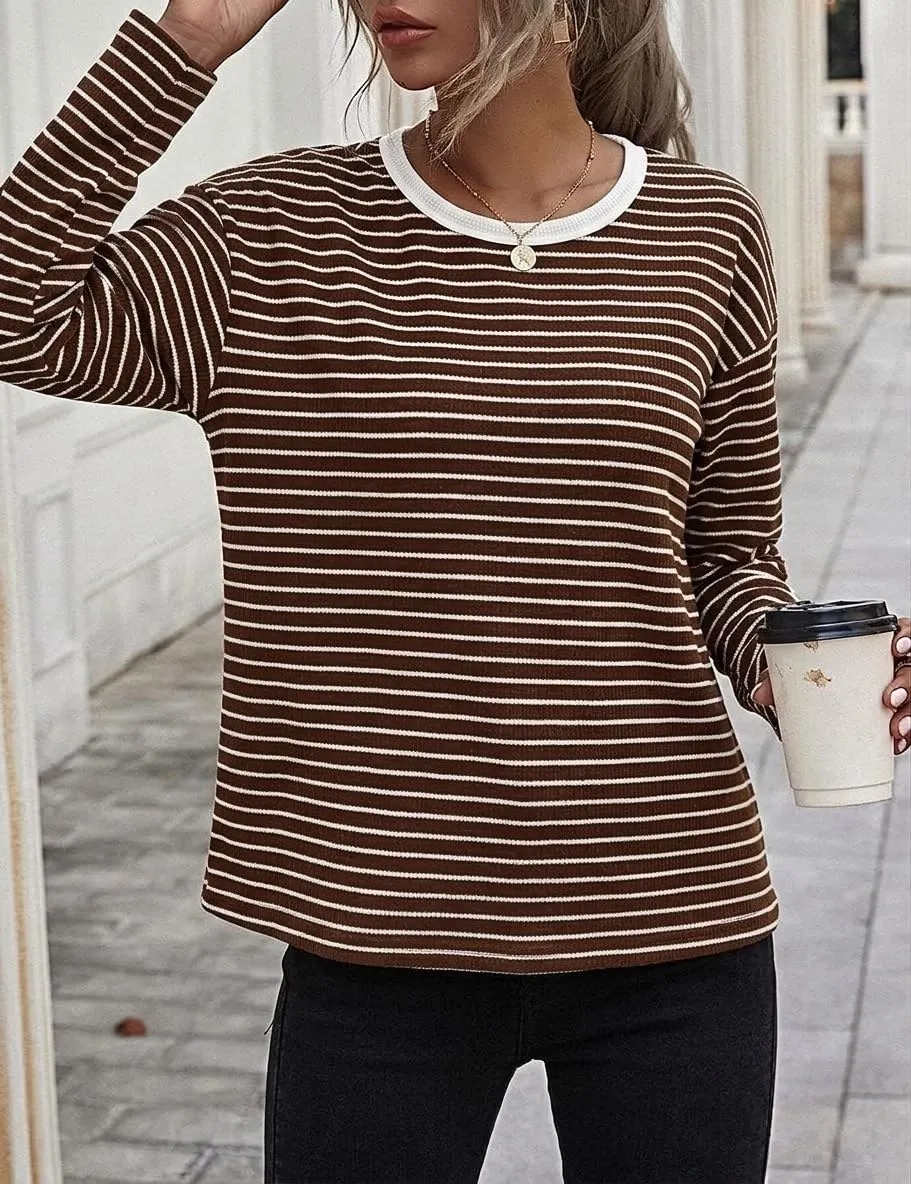 Waffle Knit Long Sleeve Tee — Brown / White — view 2