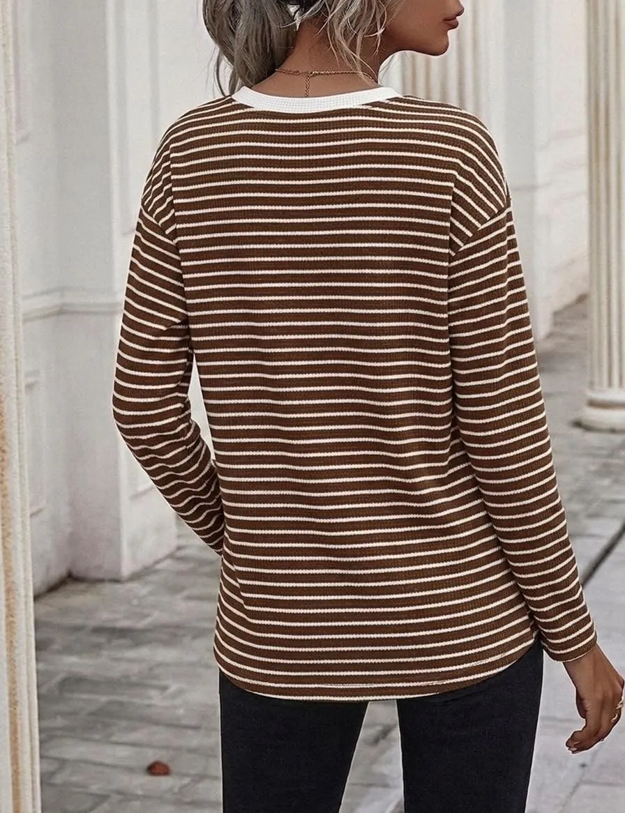 Waffle Knit Long Sleeve Tee — Brown / White — view 3