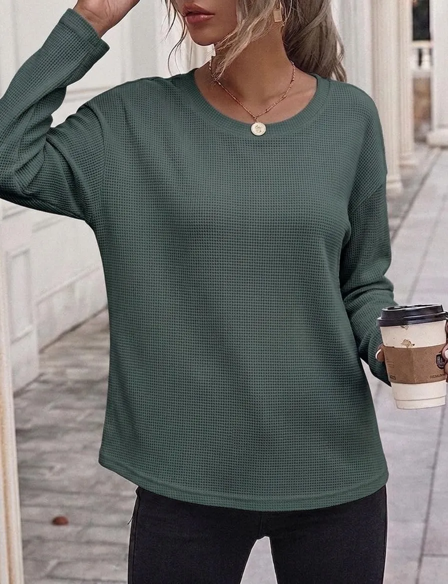 Waffle Knit Long Sleeve Tee — Dark Green — view 2