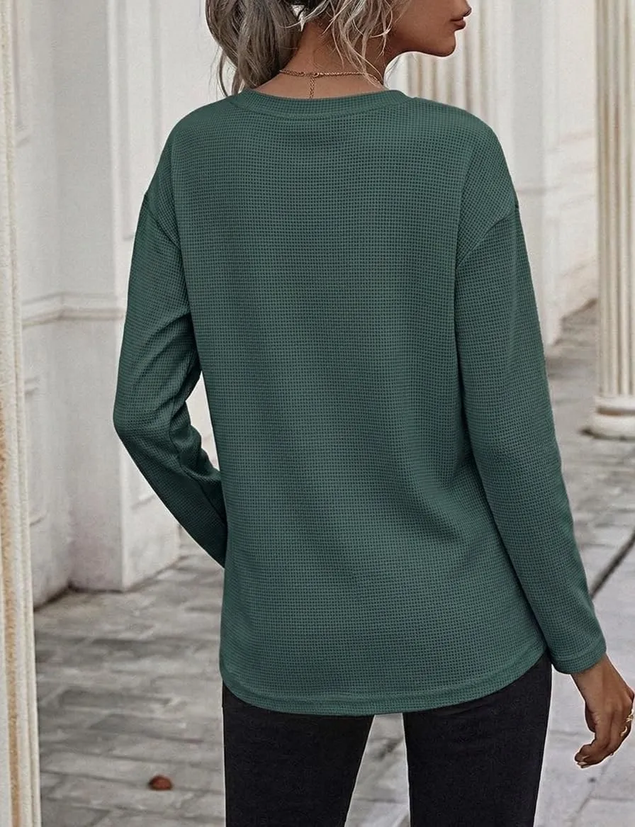 Waffle Knit Long Sleeve Tee — Dark Green — view 3
