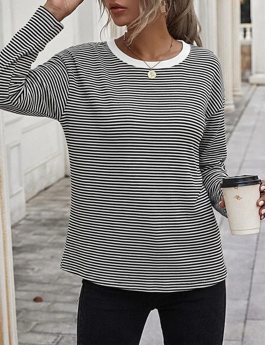 Waffle Knit Long Sleeve Tee — Black / White Fine Stripe — view 2