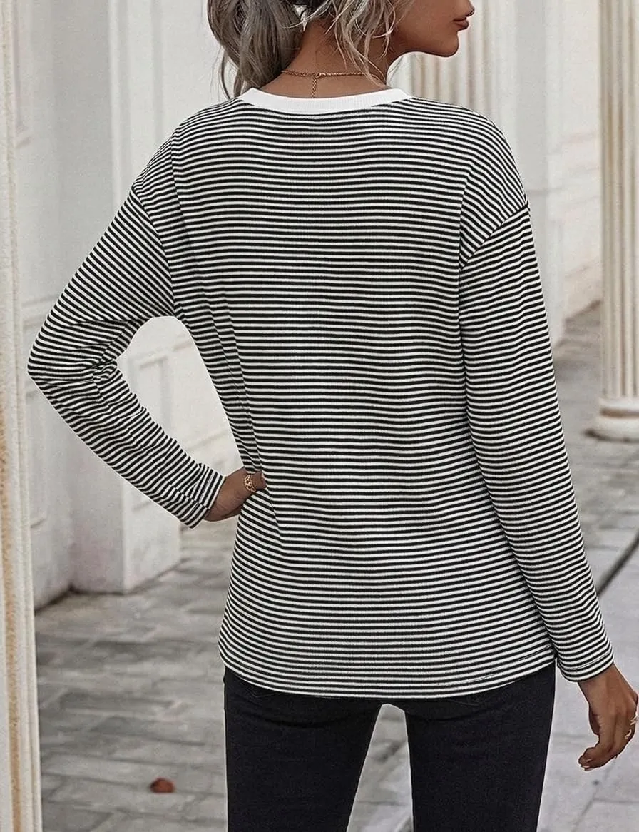 Waffle Knit Long Sleeve Tee — Black / White Fine Stripe — view 3
