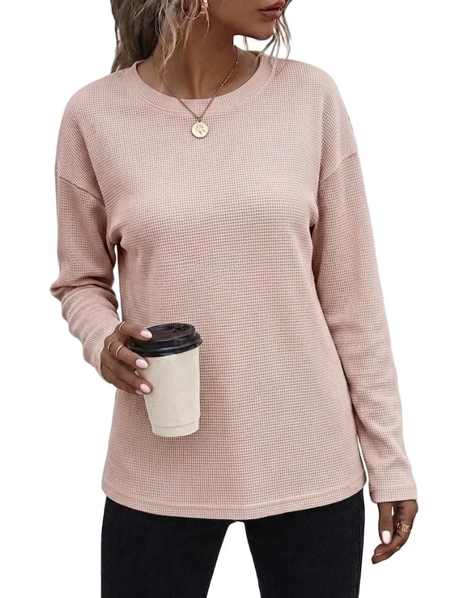 Waffle Knit Long Sleeve Tee — Mauve Pink