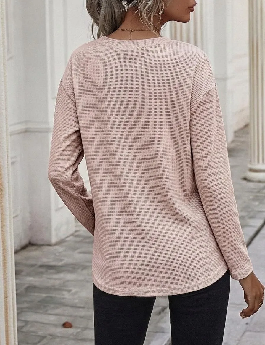 Waffle Knit Long Sleeve Tee — Mauve Pink — view 3