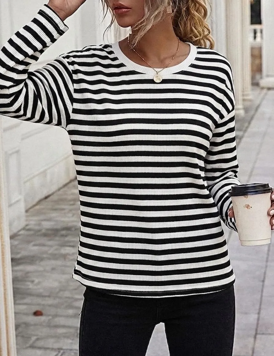Waffle Knit Long Sleeve Tee — Black / White Block Stripe — view 2