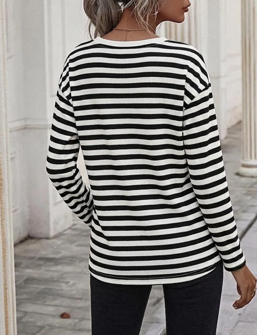 Waffle Knit Long Sleeve Tee — Black / White Block Stripe — view 3