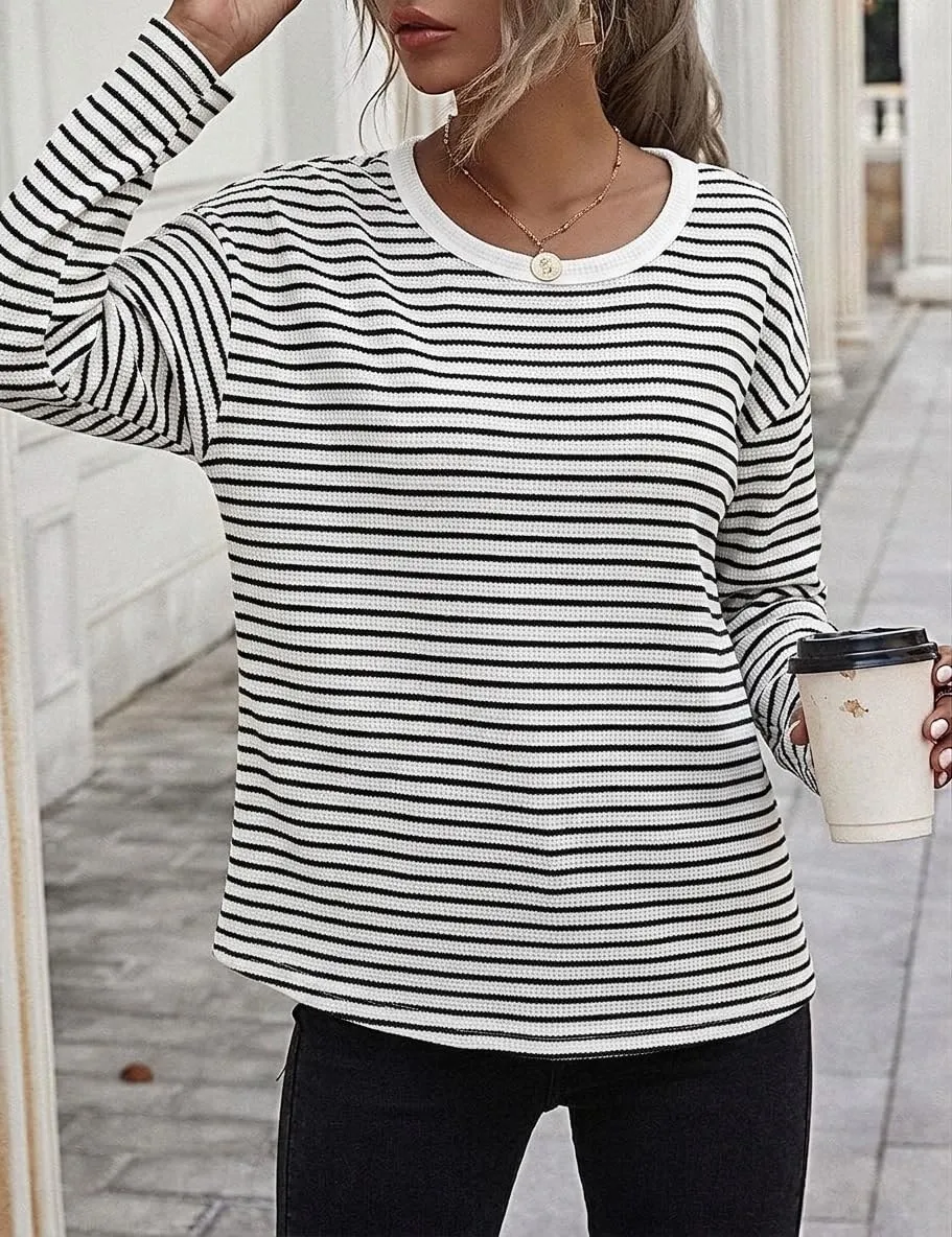 Waffle Knit Long Sleeve Tee — White / Black — view 2