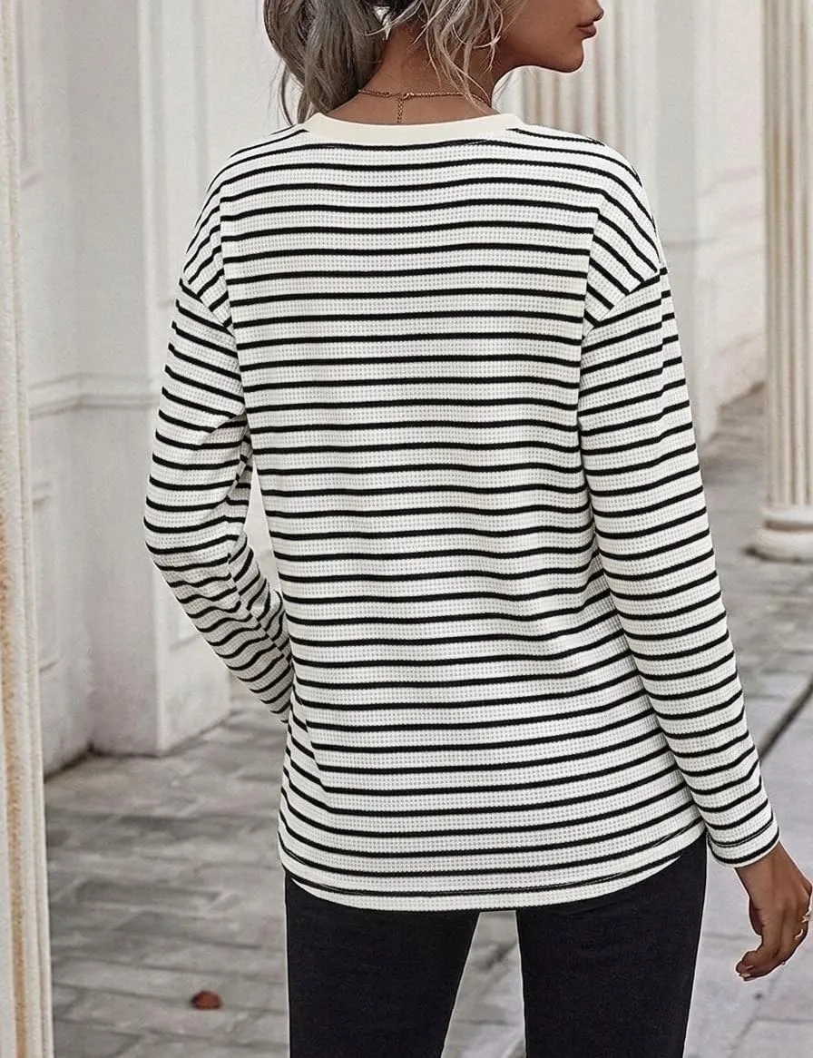 Waffle Knit Long Sleeve Tee — White / Black — view 3