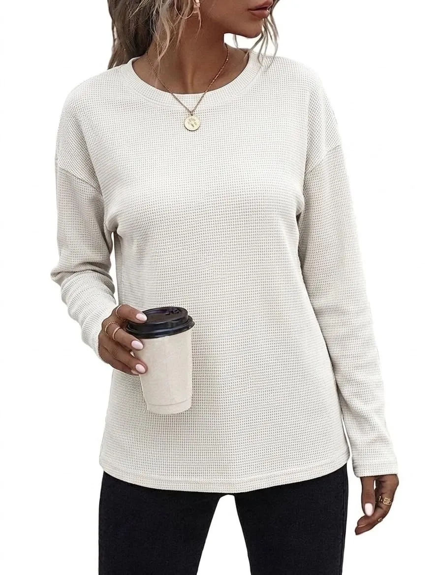 Waffle Knit Long Sleeve Tee — White